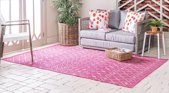 Unique Loom Outdoor Trellis Collection Area Rug - Tribal Trellis (8' x 11' 4" Rectangle, Fuschia/ Gray)