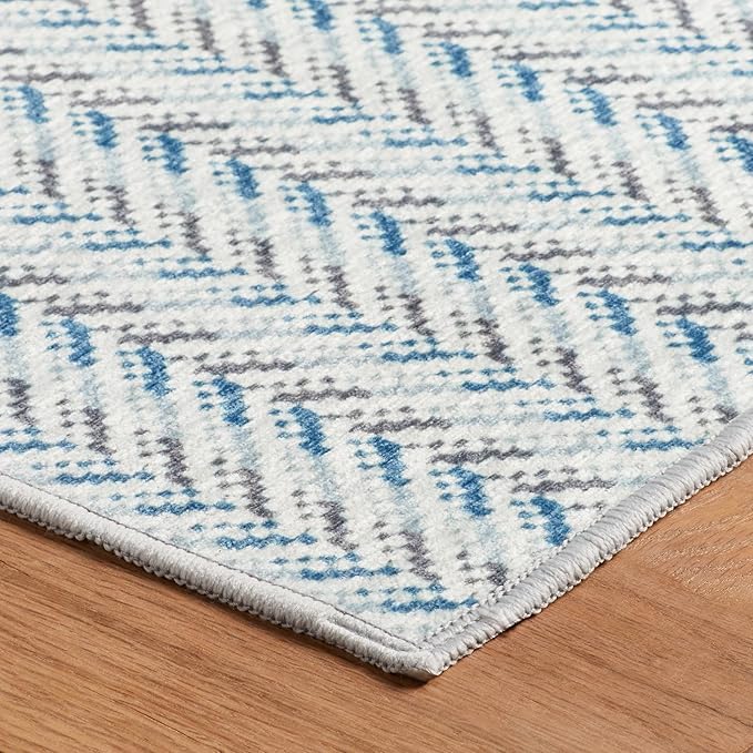 Dash & Albert Lowell Blue Machine Washable Rug, 6 X 9 Feet, Blue Graphic Pattern - Premium Luxury Hotel Quality Soft Breathable Hypoallergenic Machine Washable Easy Care All Season Comfortable
