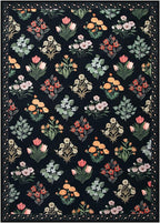 Wonnitar Floral Print Rug for Living Room, Black Washable 5x7 Area Rugs, Ultra-Thin Non Slip Stain Resistant Bedroom Carpet for Dining Room Playroom Office Dorm, Black/Multi