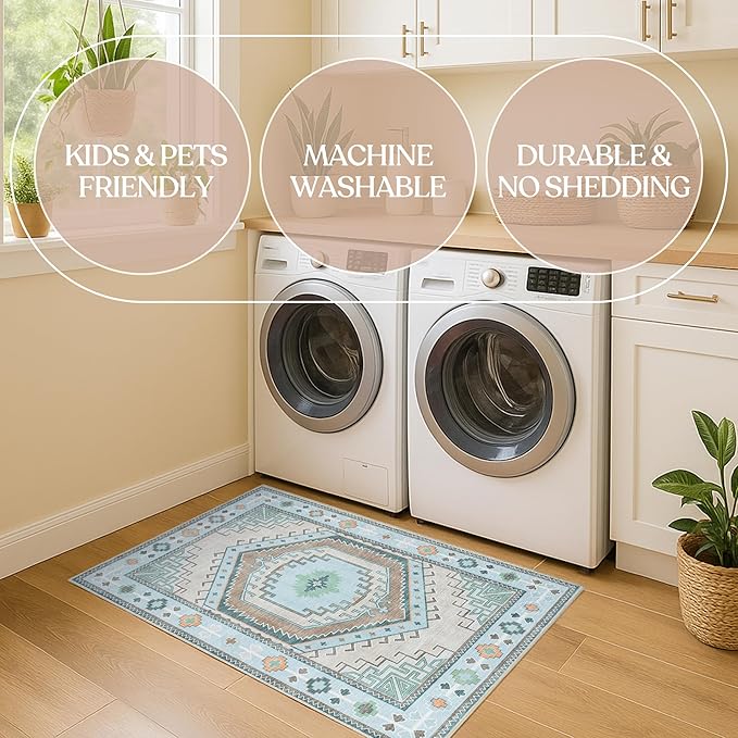 Fame Living Washable Area Rug. Modern Farmhouse. Vintage. Turkish. Bohemian. Distressed. Oriental. Traditional. Rugs for Living Room. Dining. Bedroom. Office. Entryway. Foyer. (856GG, 5' x 6'9")