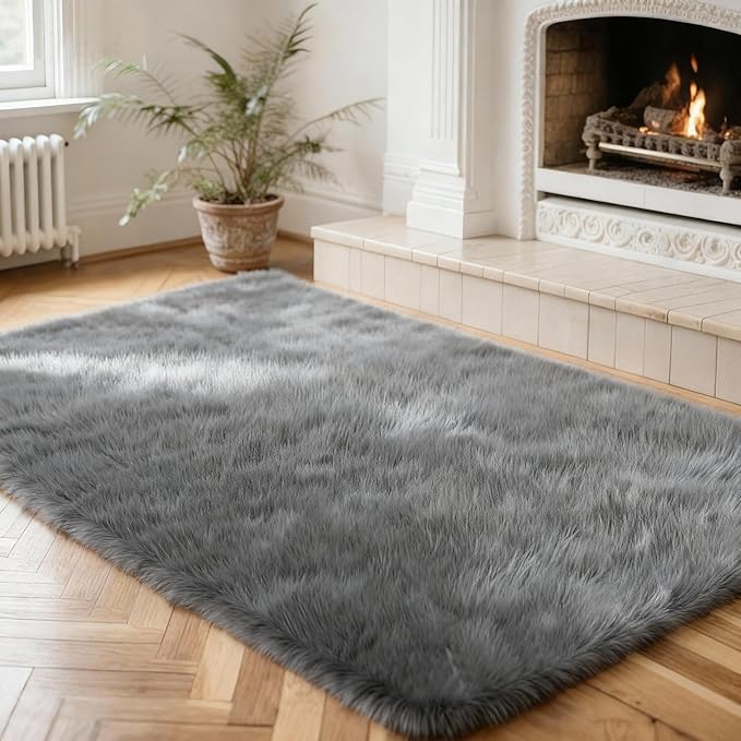 2x3 Solid Fluffy Grey Area Rug – Washable, Durable,Small Bedroom Rug, Non-Slip High Pile Shag Rugs for Living Room, Bedroom, Bedside, Dorms, Nursery Rooms, Kids Room, Soft Indoor Floor Carpet