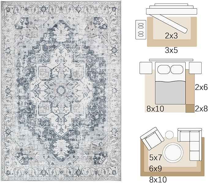 jinchan Kelda Area Rug 2x3 Entryway Rug Washable Doormat Vintage Retro Indoor Distressed Door Mat Accent Gray Floor Cover Lightweight Non Slip Low Pile Carpet for Bathroom Living Room Bedroom Grey