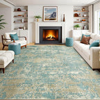 WITSHOCK Living Room Area Rugs 10x12：Modern Abstract Machine Washable Large Rug for Bedroom Dining Room Non-Slip Stain Resistant Home Office Decor,Teal Brown