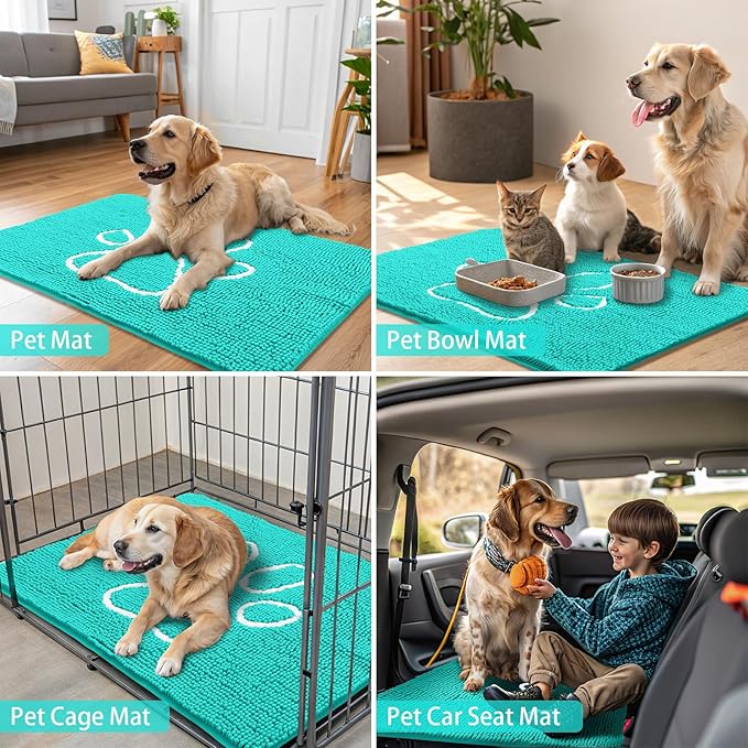 Smiry Dog Door Mat for Muddy Paws, Absorbent Dirt Trapper Non Slip Quick Dry Washable Chenille Mat for Mud Dogs, Entry Rug for Indoor and Outdoor (30x20 Inches, Turquoise and White)