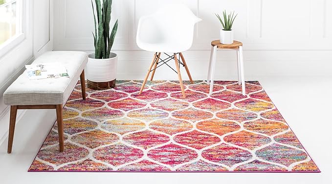 Rugs.com Lattice Frieze Collection Rug – 7' Square Multi Medium Rug Perfect for Living Rooms, Kitchens, Entryways