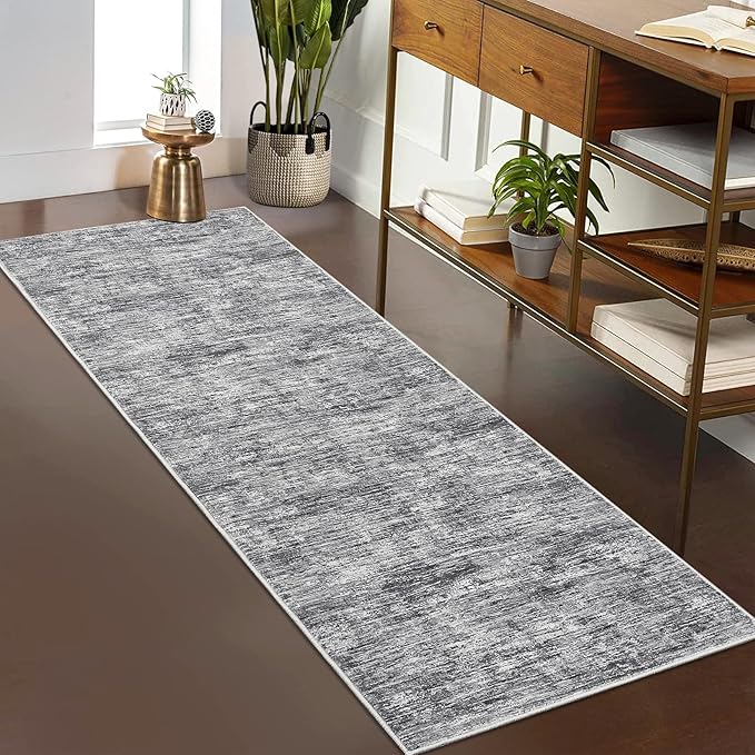 RUGSREAL Hallway Runner Rug 2.5x10 Long Kitchen Rug with Rubber Backing Low Pile Stain Resistant Entryway Carpet Washable Modern Solid Color Runner for Living Room Bedroom, Ivory/Grey