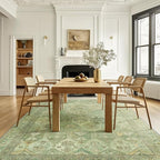Bavni Washable Rug 9x12 Area Rug for Living Room Bedroom Dining, Washable Vintage Print Carpet, Ultra-Thin Chenille Low Pile Lightweight Rug with Non Slip Backing, Light Green