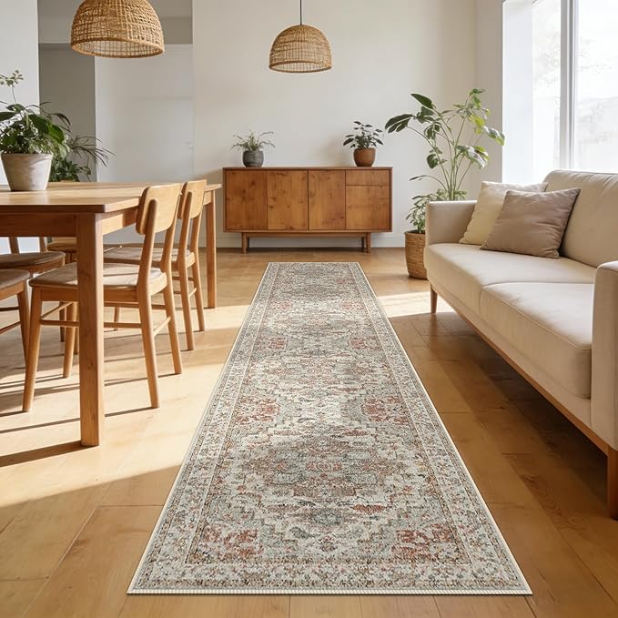 Enkor Runner Rugs for Hallway, 2.6x13 Washable Soft Boho Non Slip Floor Rugs for Kitchen, Modern Mat for Living Room Bedroom Entryway Beige & Orange