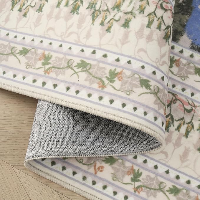 Rugcomf 6x9 Area Rugs Impressionist-Style Vintage Washable Rug Non Slip Low Pile Large Rug for Living Room Bedroom Farmhouse Dining Room Kids Playroom, Beige