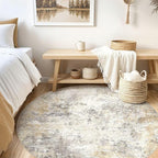 8ft Round Area Rug Living Room Rugs - 8x8 Washable Neutral Modern Abstract Soft Thin Rug Indoor Floor No Slip Rug Carpet for Bedroom Under Dining Table Home Office Decor - Golden Grey