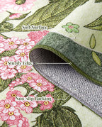 Floral Bedroom Rug - 4x6 Washable Area Rugs Non-Slip Soft Low-Pile Stain Resistant Carpet Flower Print Vintage Indoor Rug for Living Room Dining Room Office Nursery Room, Green