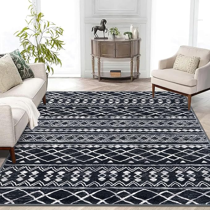 KUTA Area Rug 5x7 Black, Washable Boho Large Living Room Moroccan Rugs Non-Slip, Ultra Soft Geometric Traditional Farmhouse Carpet for Dining Room Bedroom Dorm Office Home Décor