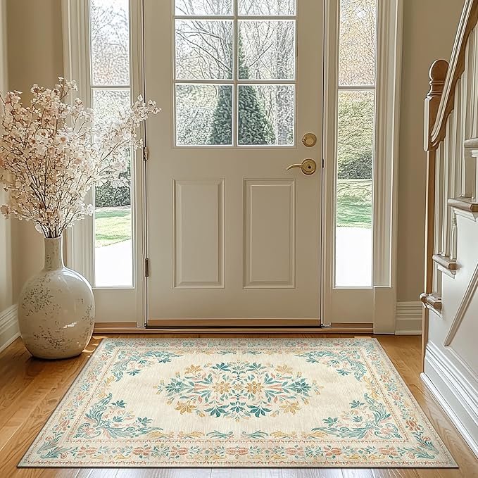 jinchan Vintage Floral 3x5 Area Rugs for Entryway - Machine Washable Distressed Design Ultra-Thin Low-Pile Soft Non-Shedding Carpet for Kitchen Bedroom Laundry Living Room (3x5ft, Apricot Multi)