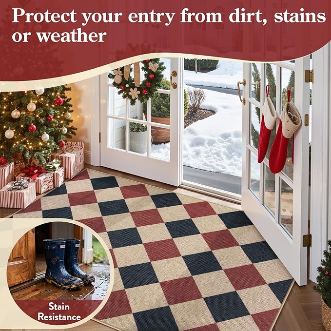 Lahome Christmas Outdoor Rug, 3x5 Outdoor Christmas Decor Rugs for Entryway Front Door Indoor Outdoor Plaid Carpet, Checkered Red and Black Non Shedding Carpet for Patio Porch