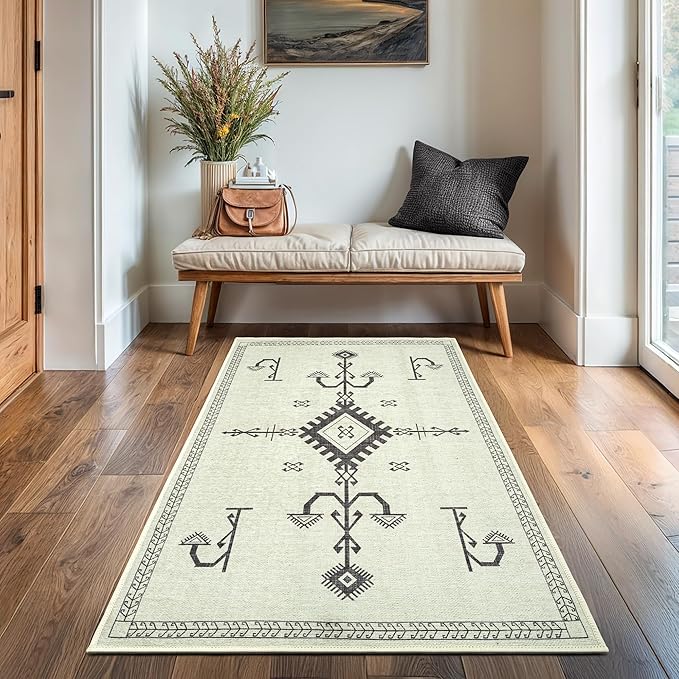 GLN Rugs Contemporary Collection - Machine Washable Area Rug, Contemporary Washable, Non Slip, Low Pile Chenille Rug, Living Room, Bedroom, Kitchen Rug (2'6" x 7' Cream/Anthracite)