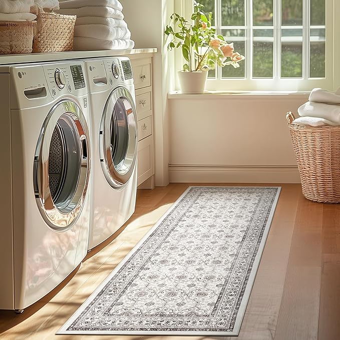 jinchan Runner Rug 2x6 - Machine Washable Beige Vintage Floral Distressed Design Soft Non-Slip Low-Pile Ultra-Thin Runner Rug for Kitchen Hallway Laundry Room Entryway Farmhouse (2‘x6', Beige)
