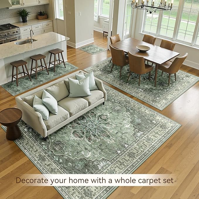 Area Rugs 2'x10' Washable Non-Slip, Floral Vintage Distress Print Pattern Medallion Carpet for Living Room Bedroom Dining Room, Dark Green Gray