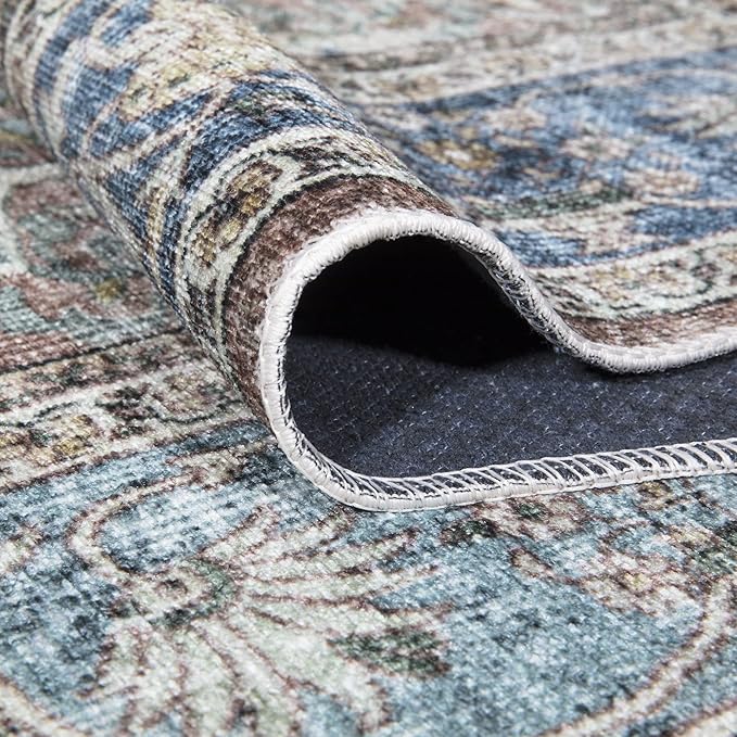Bloom Rugs Washable Non-Slip 2x3 Rug - Blue/Red Brown Traditional Oriental Area Rug for Living Room, Bedroom, Dining Room, and Kitchen - Exact Size: 2' x 3'