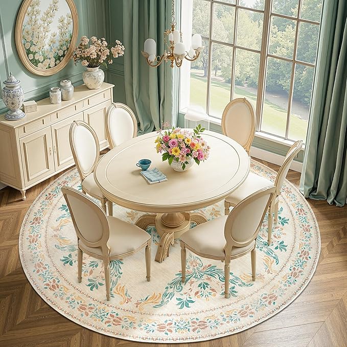 jinchan Round Rug 8ft Area Rug Vintage Floral Distressed Design Machine Washable Soft Non-Slip Low-Pile Ultra-Thin Circle Rug for Living Room Dining Room Bedroom Home Office (8' Round, Apricot Multi)