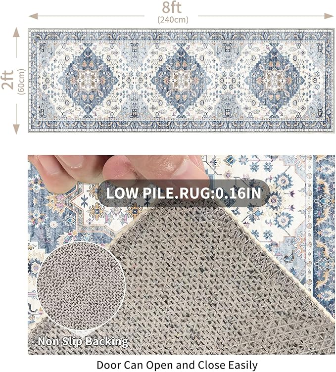 Enkor Runner Rugs for Hallway, 2x8 Washable Soft Non Slip Floor Rugs for Kitchen, Modern Mat for Living Room Bedroom Entryway Blue & White