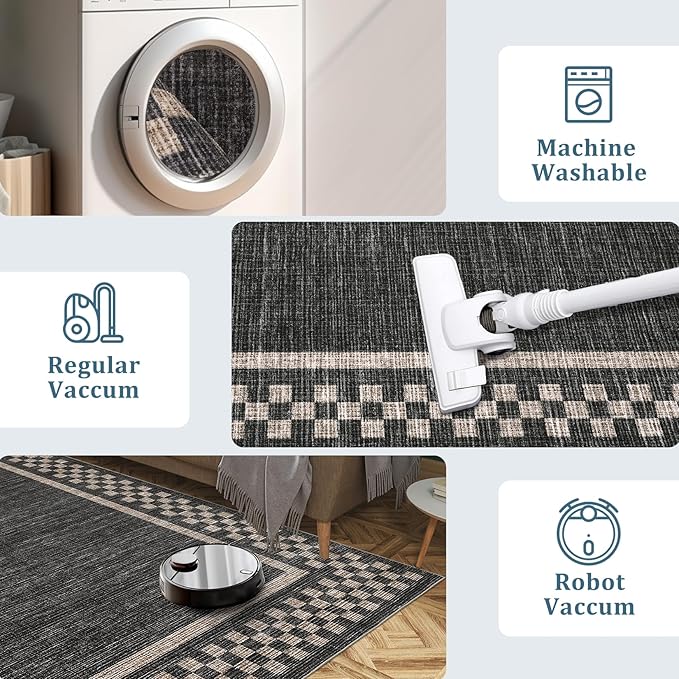 Washable Runner Rug 2x10 Modern Bordered Hallway Runner Rug Non Slip Kitchen Throw Carpet Checkered Bathroom Entryway Runner Rugs Low Pile Solid Area Rugs for Living Room Bedroom Nursery Sink, Black