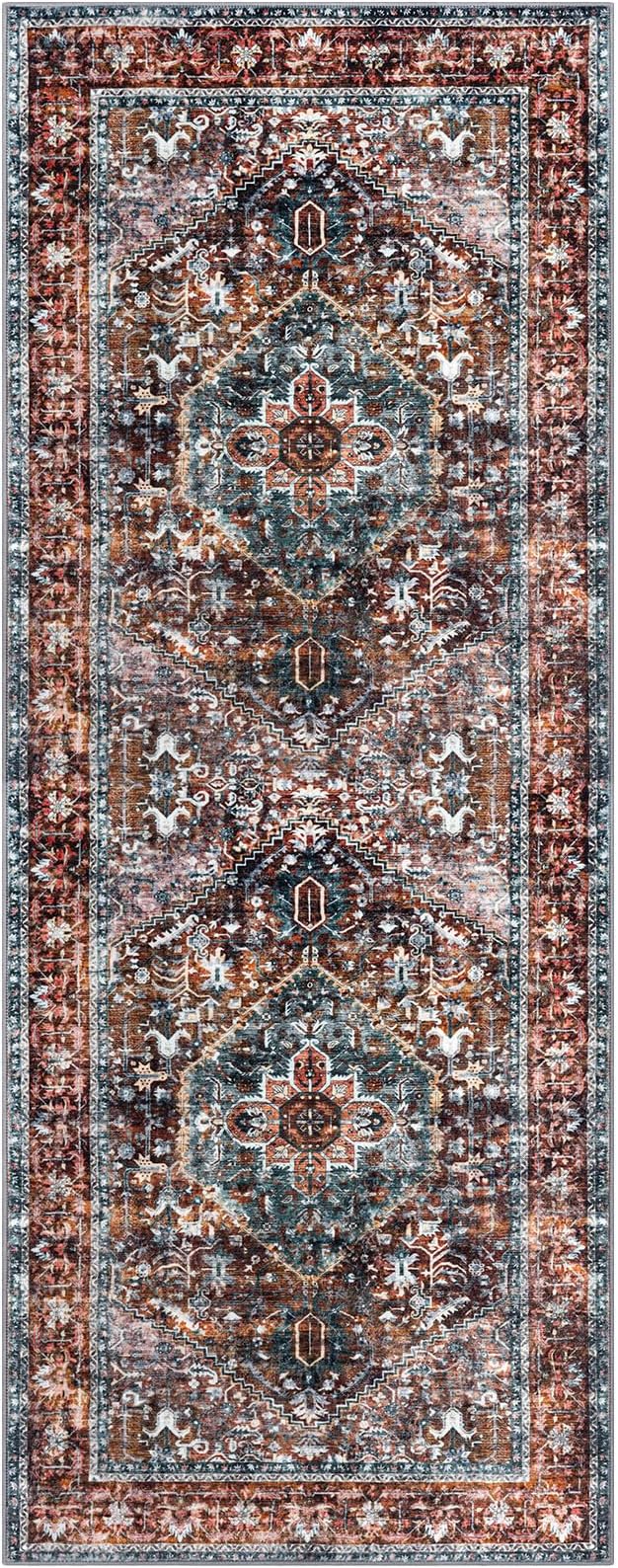 KOZYFLY Runners for Hallways 2x5 Ft Washable Kitchen Runner Rug Boho Runner Rug for Entryway Indoor Printed Oriental Faux Wool Floor Carpet Runner for Laundry Room Kitchen Hall, Brick Red/Orange/Green