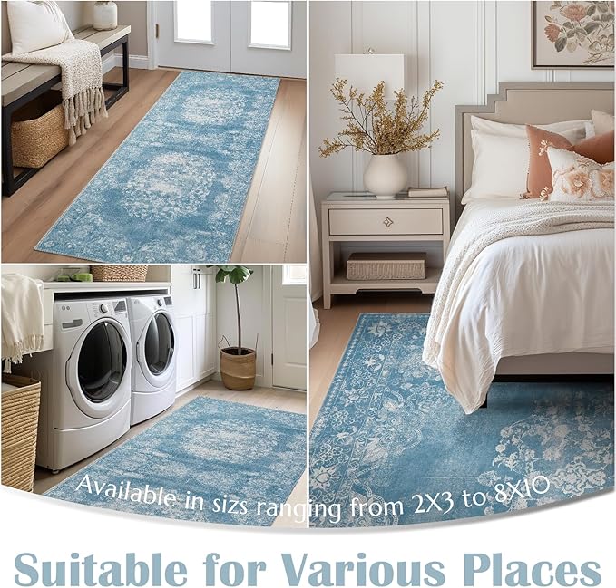 jinchan Washable Area Rug 6x9 for Living Room Soft Faux Wool Ultra-Thin Stain Resistant Non-Slip Distressed Vintage Floral Rug Large Carpet for Bedroom, Dining Room, Home Office, Nursery(Blue, 6'x9')