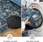 Boho Entryway Rug 2x3 Washable, Navy Floral Kitchen Rug, Super Thin Faux Wool Small Area Rug, Non-Slip Soft Carpet for Foyer, Bedroom, Office