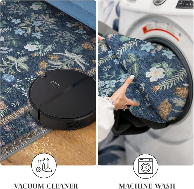 Boho Entryway Rug 2x3 Washable, Navy Floral Kitchen Rug, Super Thin Faux Wool Small Area Rug, Non-Slip Soft Carpet for Foyer, Bedroom, Office