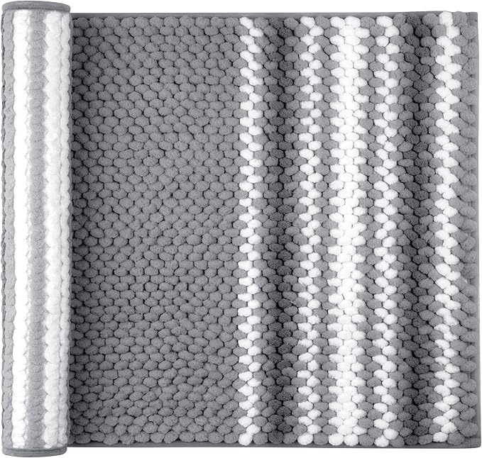 PiccoCasa Chenille Bathroom Rug, Soft Fluffy Absorbent Bath Mat, Medium Pile Striped Carpet Washable Non Slip Bathroom Floor Mats(20"x32",Dark Gray & White)
