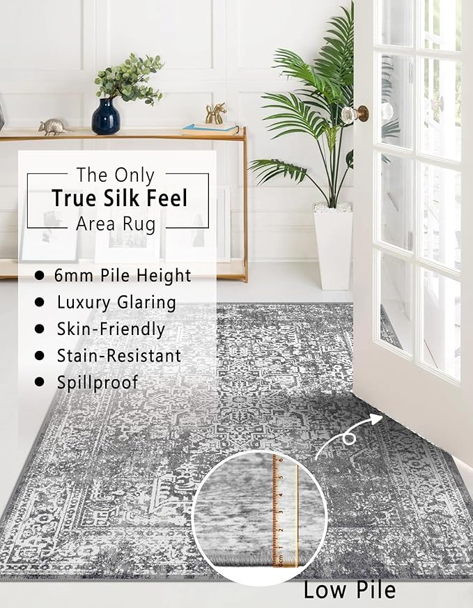 vivorug 8x10 Area Rugs, Stain Resistant Washable Rug for Living Room, Vintage-Inspired Grey Rug