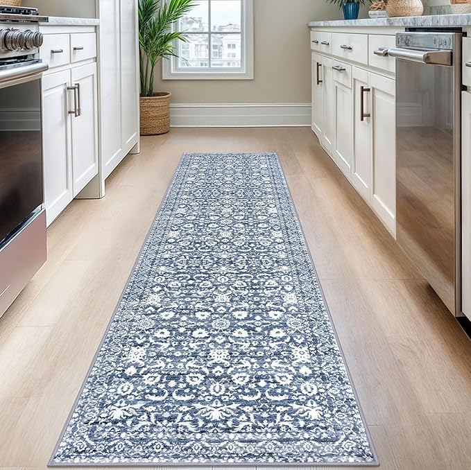 Hallway Runner Rug, Light Blue White Washable Runner Rug 2x8 Vintage Floral Kitchen Rug Runner Non Slip Thin Printed Faux Wool Super Soft Carpet for Entryway Bedroom Laundry Room Indoor