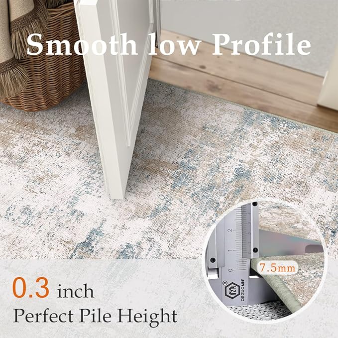12x15 Area Rug Beige Blue Abstract Living Room Bedroom Washable Carpet Neutral Modern Non Slip Soft Low Pile Large Throw Rug for Dining Room Kitchen Office