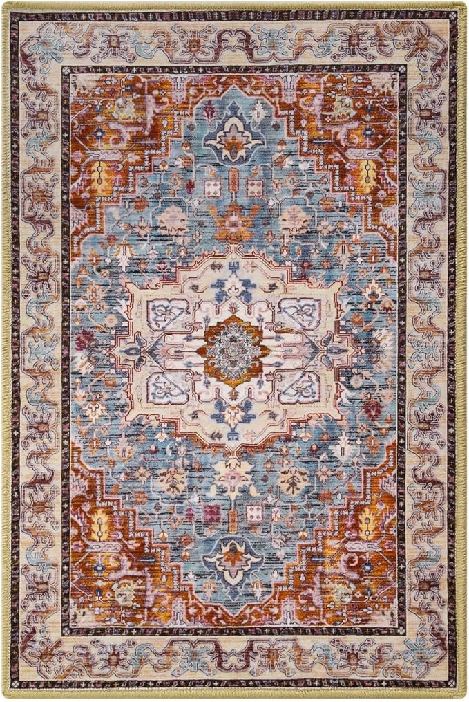 Entryway Washable Rugs 2x3, Low Pile Non-Slip Small Rug, Door Mat, Distressed Printed Patterns Rug for Entrance, Bedroom, Bathroom, Kitchen, Rust Brown