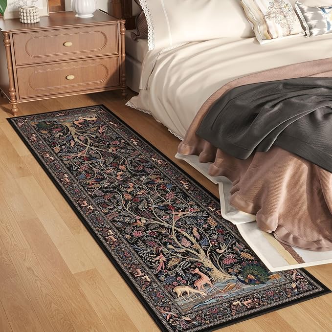 Rugcomf Runner Rug 2x6 Vibrant Tree of Life-Patterned Vintage Kitchen Rugs Non Slip Washable Soft Carpet Runner for Laundry Bedroom Bathroom, Black