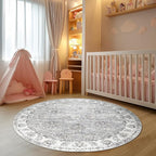 jinchan Fiora Round Rug 4ft Area Rugs Vintage Floral Distressed Design - Machine Washable Non-Slip Low-Pile Ultra-Thin Circle Rug for Entryway Bedside Living Room Dining Room Bedroom (4' Round, Grey)