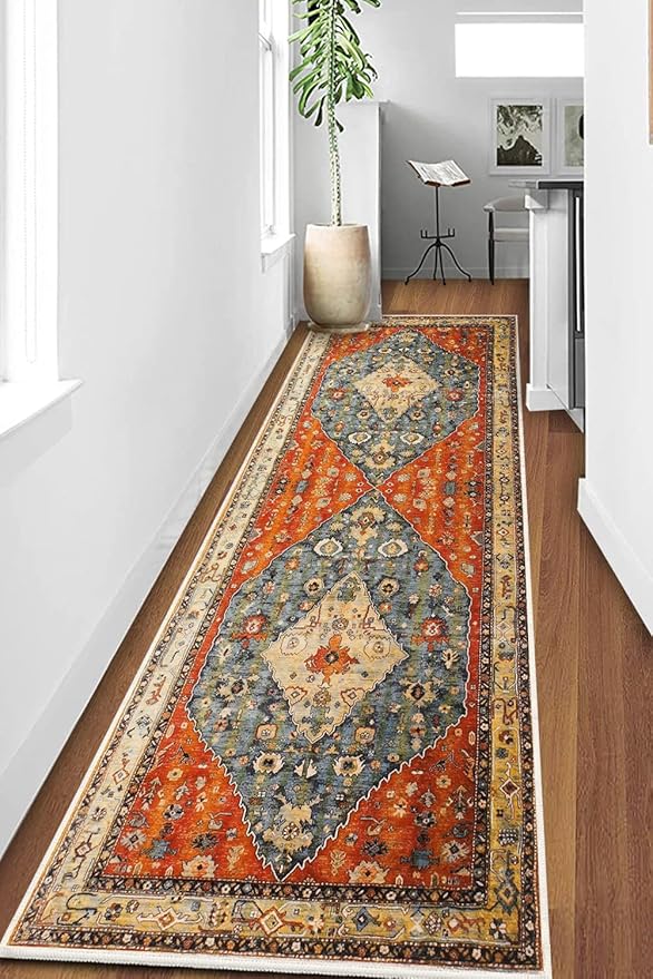 COMSLE Boho Runner Rug, 2' x 7' Washable Rugs for Hallway Faux Wool Small Kitchen Area Rug Distressed Throw Rug Non-Slip Laundry Room Rug Carpet Runner for Entryway Indoor Bedroom