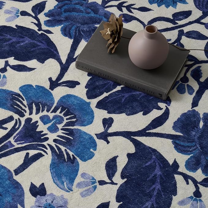 EVERGRACE Area Rugs for Living Room 8x10, Boho Floral Faux Wool Indoor Outdoor Rugs, Washable Rugs for Bedroom Dining Room Entryway Kitchen, Low Pile Floor Mat Carpet for Home Decor, Celtic Blue