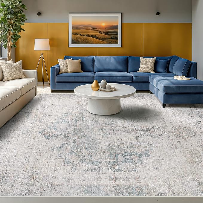 Washable 6x9 Bedroom Rug - Blue Grey Modern Rug for Living Room, Dining Room Table, Non Slip Soft Faded Print Mat
