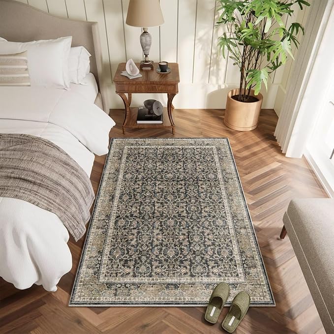 Washable 4x6 Rugs for Living Room, Boho Non-Slip Vintage Distress Small Rugs for Bedroom Nursery Office, 0.3" Neutral Oriental Throw Thin Carpet with Cushioning Pad,Black/Brown/Blue/Multi