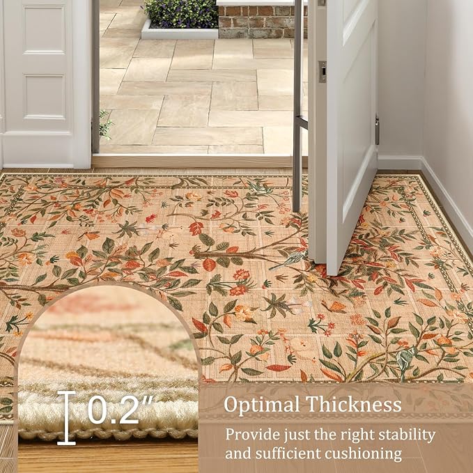 Morebes Boho Kitchen Runner 8 ft, Floral Halway Runner Rugs Non Silp Washable, Soft Low-Pile Flower Botanical Indoor Floor Throw Carpet for Entryway Bedside Bathroom, Brown