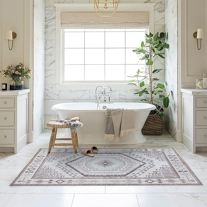 Fame Living Washable Area Rug. Modern Farmhouse. Vintage. Turkish. Bohemian. Distressed. Oriental. Traditional. Rugs for Living Room. Dining. Bedroom. Office. Entryway. Foyer. (856BrC, 5'9" x 8'9")