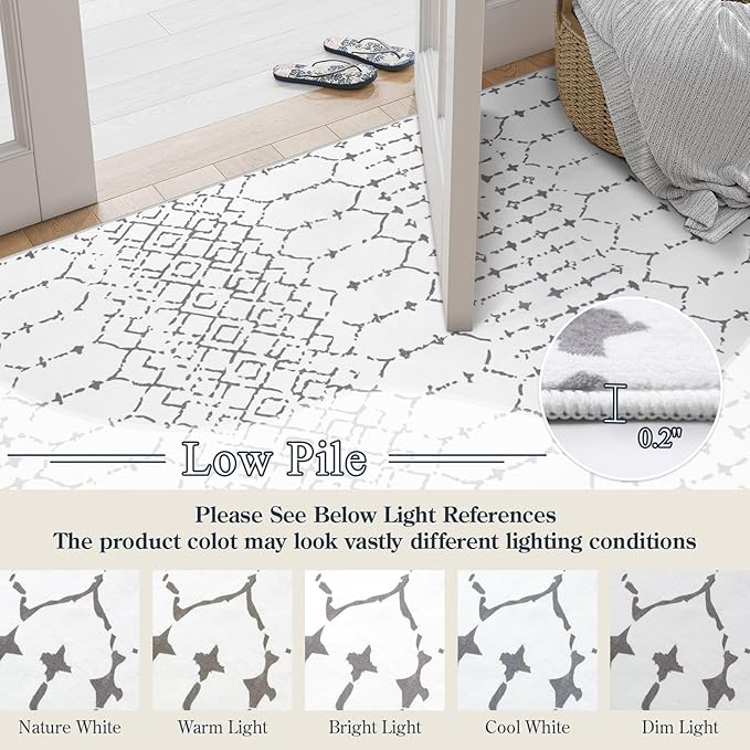 Lahome Moroccan 9x12 Washable Area Rug - Non-Slip Washable Ultra-Thin Soft Large Rug for Living Room, Modern Geometric Print Stain Resistant Carpet for Bedroom Dining Room, White