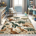 Ambesonne Dinosaur Decorative Rug, Jurassic Scenario Cartoon Animals in Wilderness Cloudy Sunrise Back, Quality Carpet for Bedroom Dorm and Living Room, 2' 2" x 3' 7", Ginger Olive Green Salmon