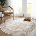 jinchan Kelda Round Rug 5ft Washable Area Rug Indoor Vintage Floor Cover Distressed Circle Mat 5' Round Lightweight Non Slip Low Pile Thin Carpet for Entryway Kitchen Living Room Bedroom Orange