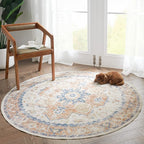 jinchan Kelda Round Rug 5ft Washable Area Rug Indoor Vintage Floor Cover Distressed Circle Mat 5' Round Lightweight Non Slip Low Pile Thin Carpet for Entryway Kitchen Living Room Bedroom Orange