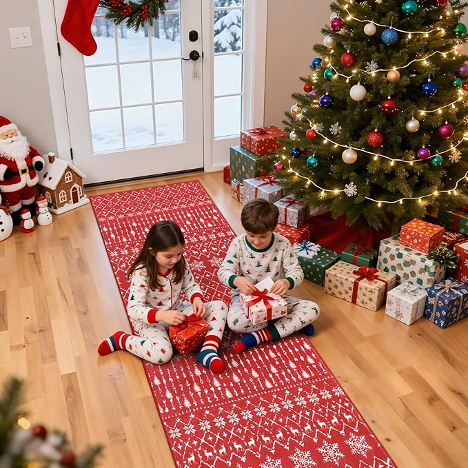 Lahome Christmas Runner Rug 2x8 for Hallway Red Non Slip Washable Runners for Kitchen Low Pile Carpet Moroccan Snowflake Throw Rug for Kitchen Entryway Laundry Narrow Space Xmas Holiday Decor