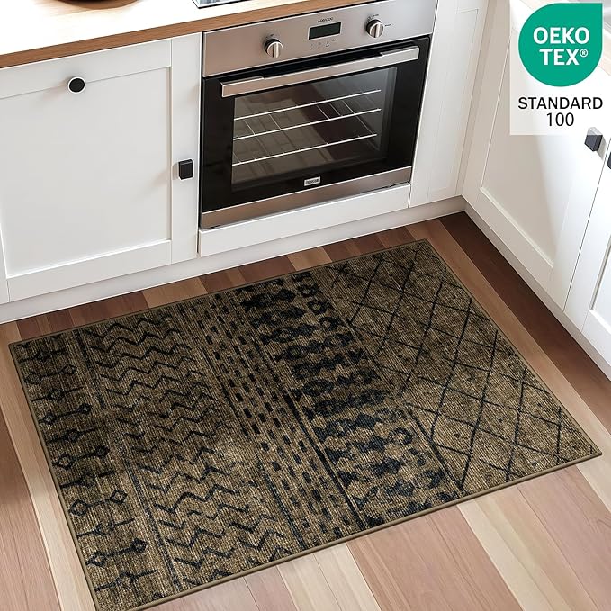 2x3 Machine Washable Area Rug for Entryway, Brown Black Vintage Moroccan Rug Non-Slip Low Pile Soft Faux Wool Small Carpet, Kids and Pets Friendly for Bedroom Kitchen Hallway Bedside Home Decor Rug