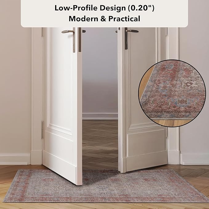 Kuden 6x9 Area Rug, Machine Washable Area Rug with Non-Slip Backing, Vintage Style, Soft, Easy Clean, Low Pile Rug for Living Room, Bedroom, Dining Room