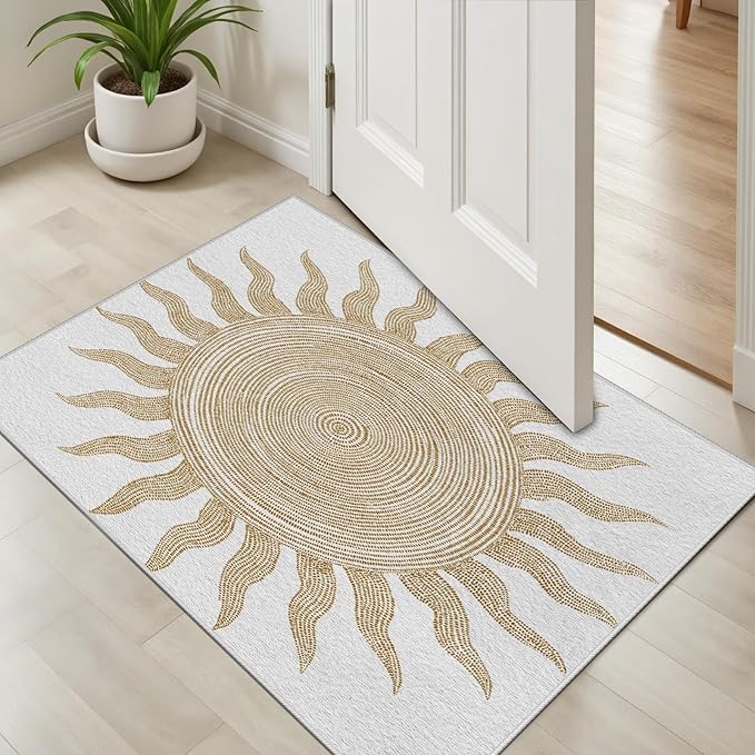 Boho Washable Rugs for Bedroom 5x7, Modern Sun Print Soft Minimalism Area Rug, Non Slip Low Pile Abstract Carpet for Classroom Living Room Decor Dining Room Sofa Kids Nursery Room, Beige Yellow
